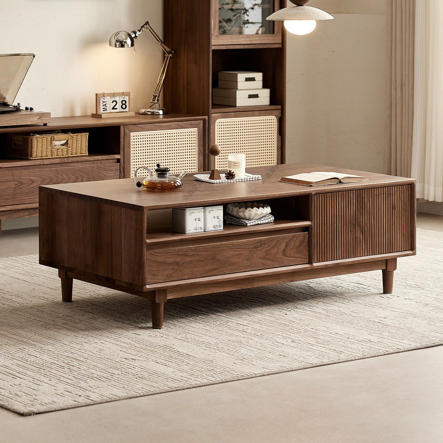 北美黑胡桃木抚琴茶几电视柜组合客厅家用纯实木长方形茶几原木