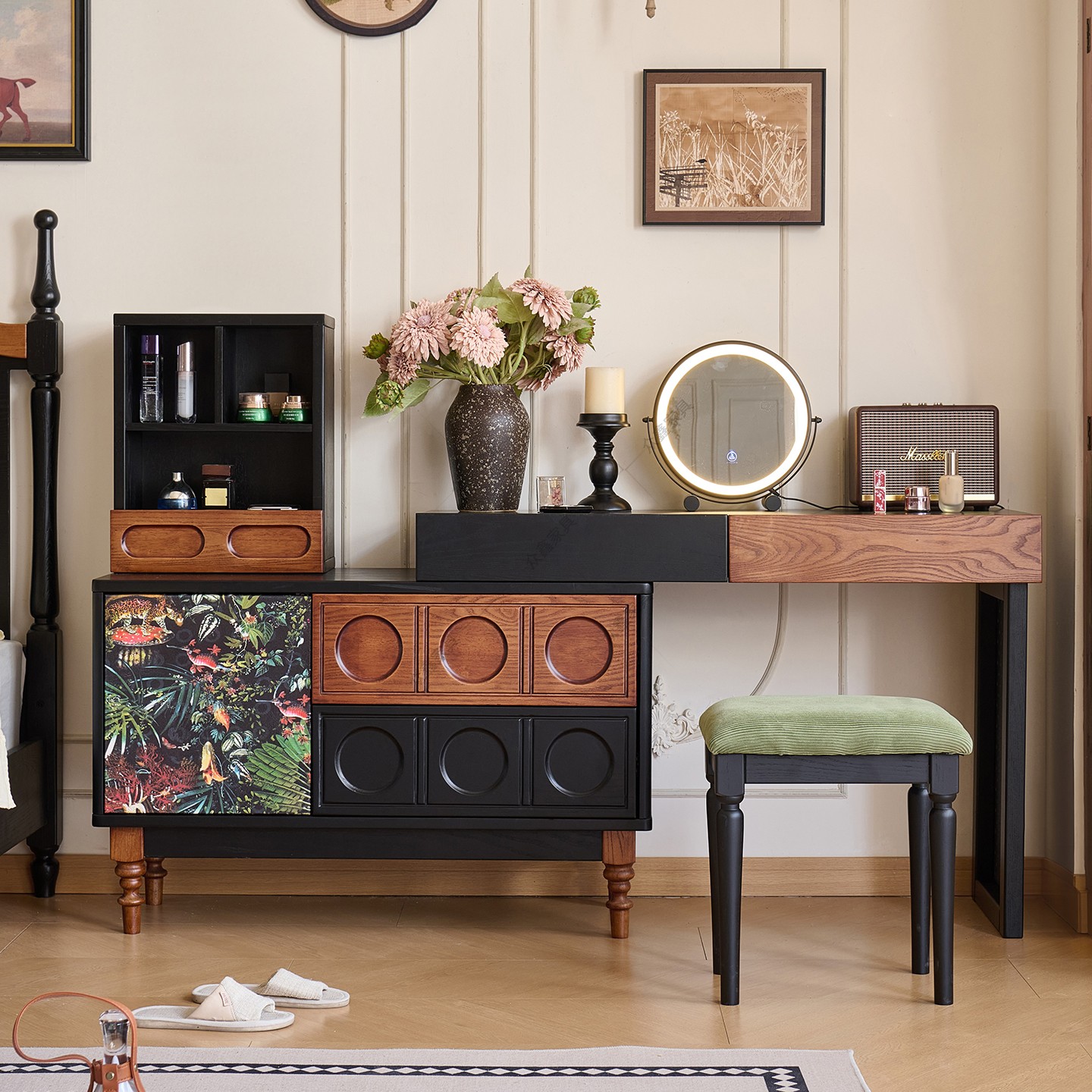 法式复古中古风梳妆台斗柜一体2025新款卧室伸缩化妆桌收纳柜一体