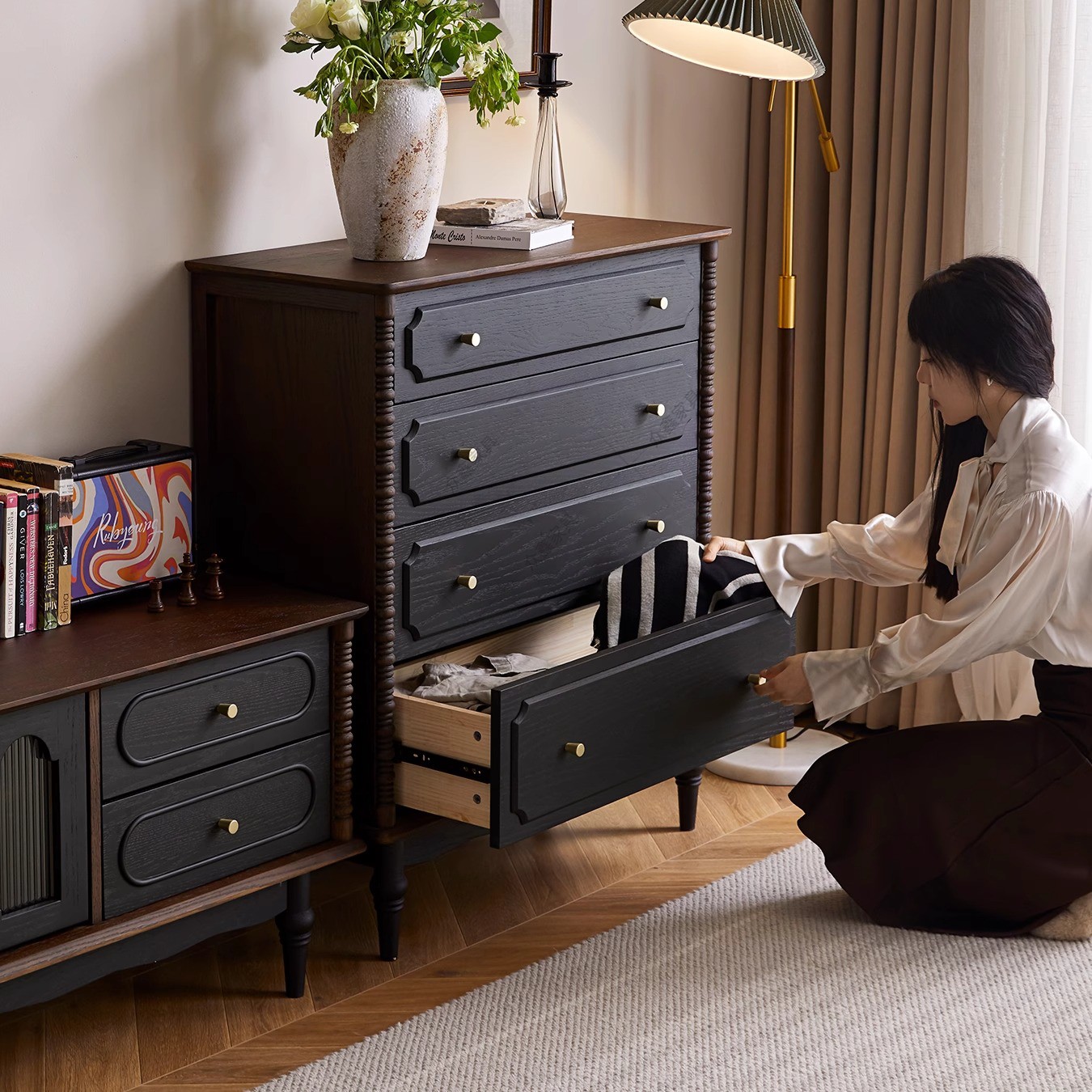 法式复古实木四六七八斗柜大小户型卧室红橡木中古风家用储物柜子