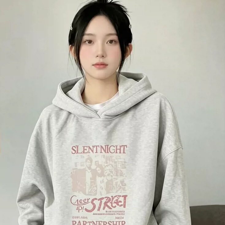 秋冬新款连帽卫衣女士加绒薄款宽卫衣/绒衫