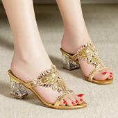 海边水晶粗跟中跟镶钻外穿拖鞋 2023新款 水钻凉鞋 女沙滩鞋 夏季 时尚