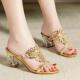 海边水晶粗跟中跟镶钻外穿拖鞋 2023新款 水钻凉鞋 女沙滩鞋 夏季 时尚