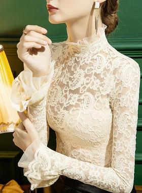 2025秋冬季蕾丝高领打底衫女修身内搭泡泡袖洋气春秋长袖上衣小衫