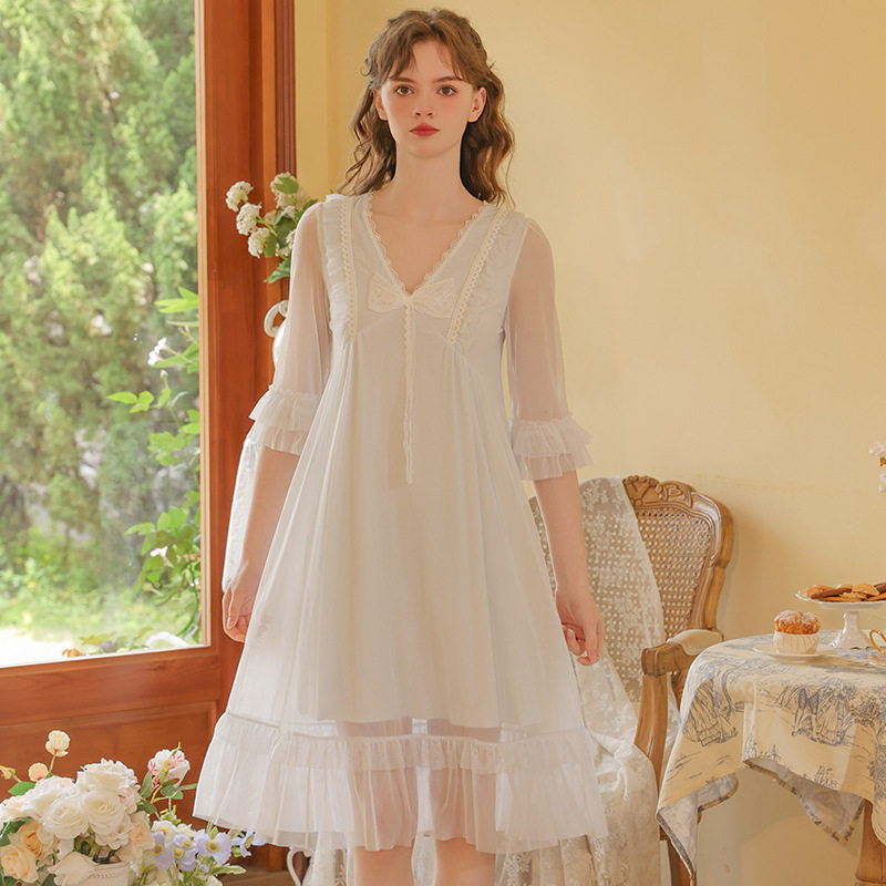 艺录法式蕾丝女神睡裙女 夏季薄款莫代尔宫廷风宽松睡衣家居服