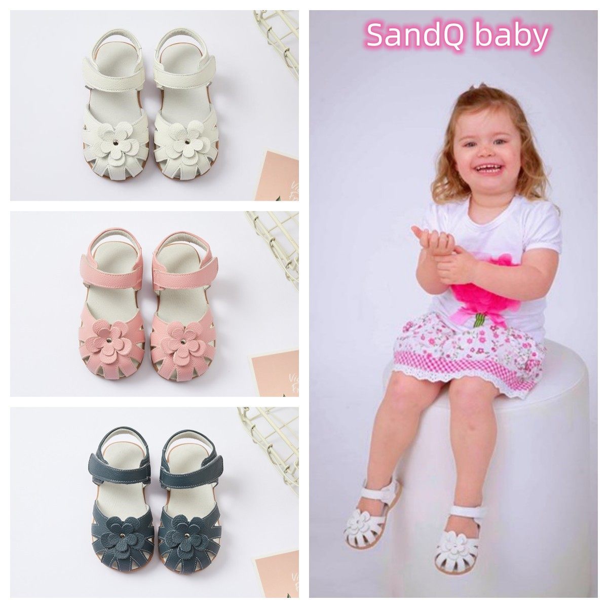 SandQ baby1-4岁宝宝女夏季牛皮凉鞋花朵白色粉红色学步儿童杂志