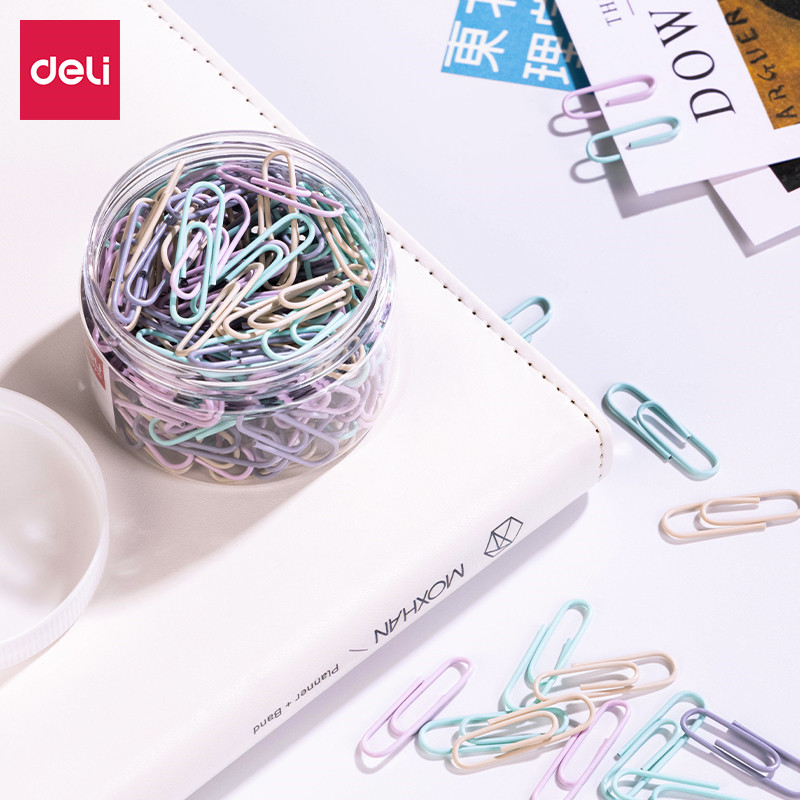 得力莫兰迪色回形针办公用品曲别针文件书签回型针收纳盒文具不锈钢u型固定书签创意可爱回旋别针