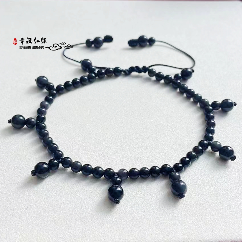 天然水晶黑曜石黑色绳脚链手工编织葫芦款福禄平安男款情侣礼物