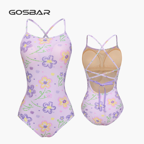 Gosbar泳衣2025新款专业连体莱卡三角竞速训练游泳抗菌紫色小花
