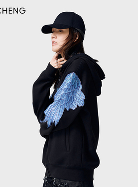 设计师原创Ji Cheng吉承金星舞蹈款全翅翅膀刺绣拉链连帽卫衣2353
