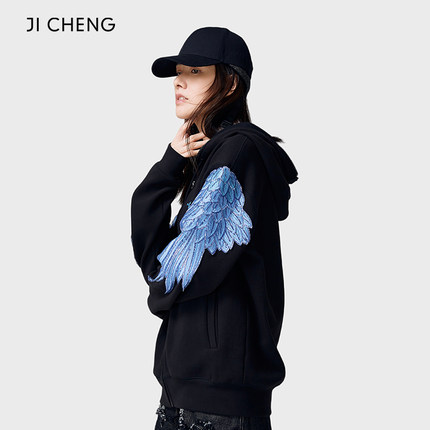 设计师原创Ji Cheng吉承金星舞蹈款全翅翅膀刺绣拉链连帽卫衣2353