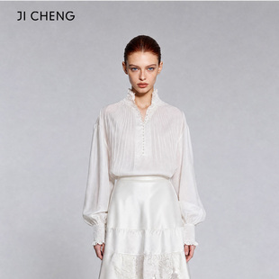 Ji Cheng复古珠扣装饰压褶长袖竺麻衬衣明星同款3410