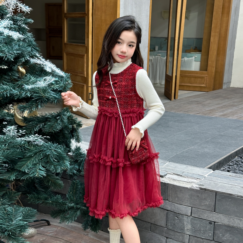 女童裙子冬2025新款加绒加厚今年流行拜年服连衣裙小女孩时髦洋气