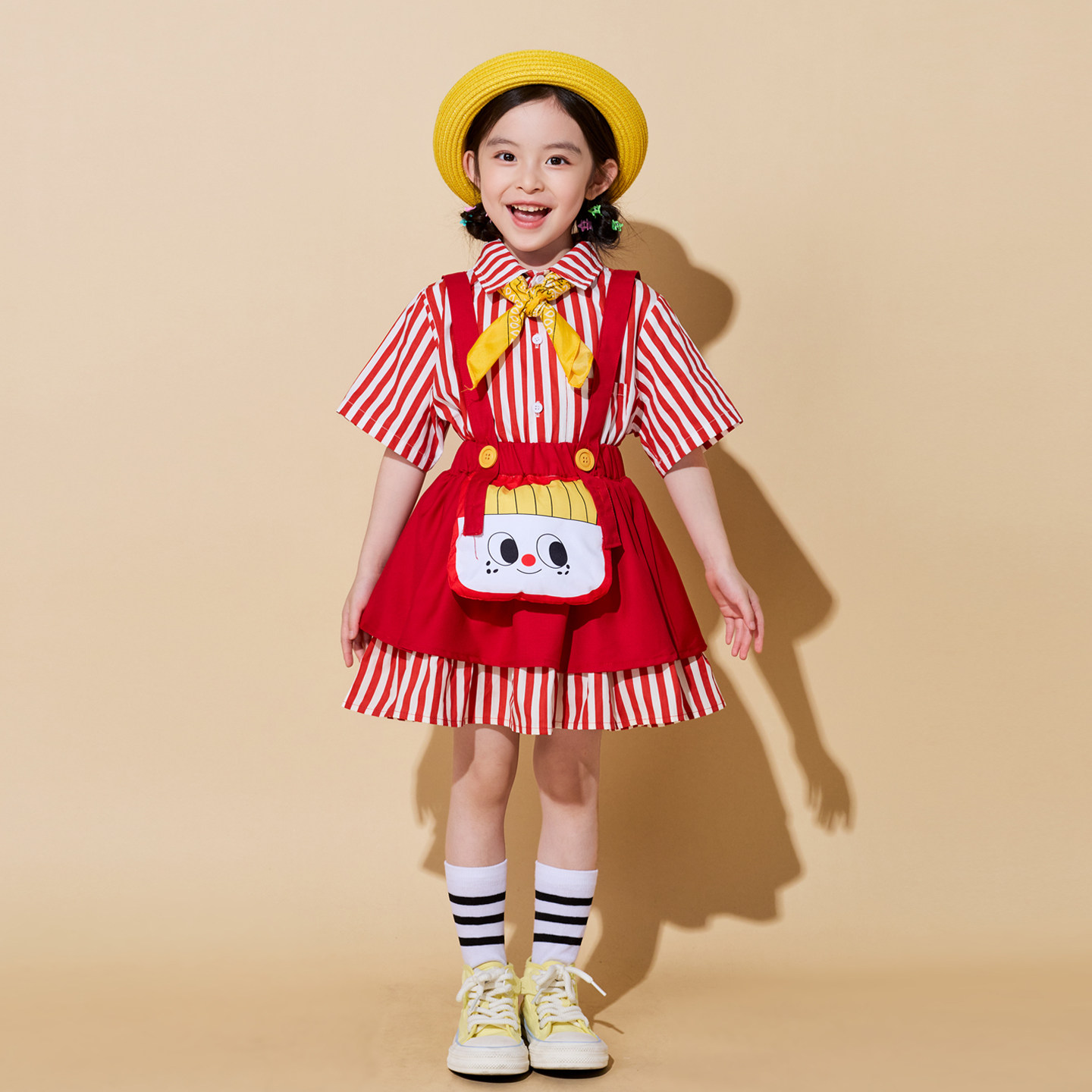 女童装啦啦队演出服儿童六一表演服幼儿园主持人舞台装红色裙套装
