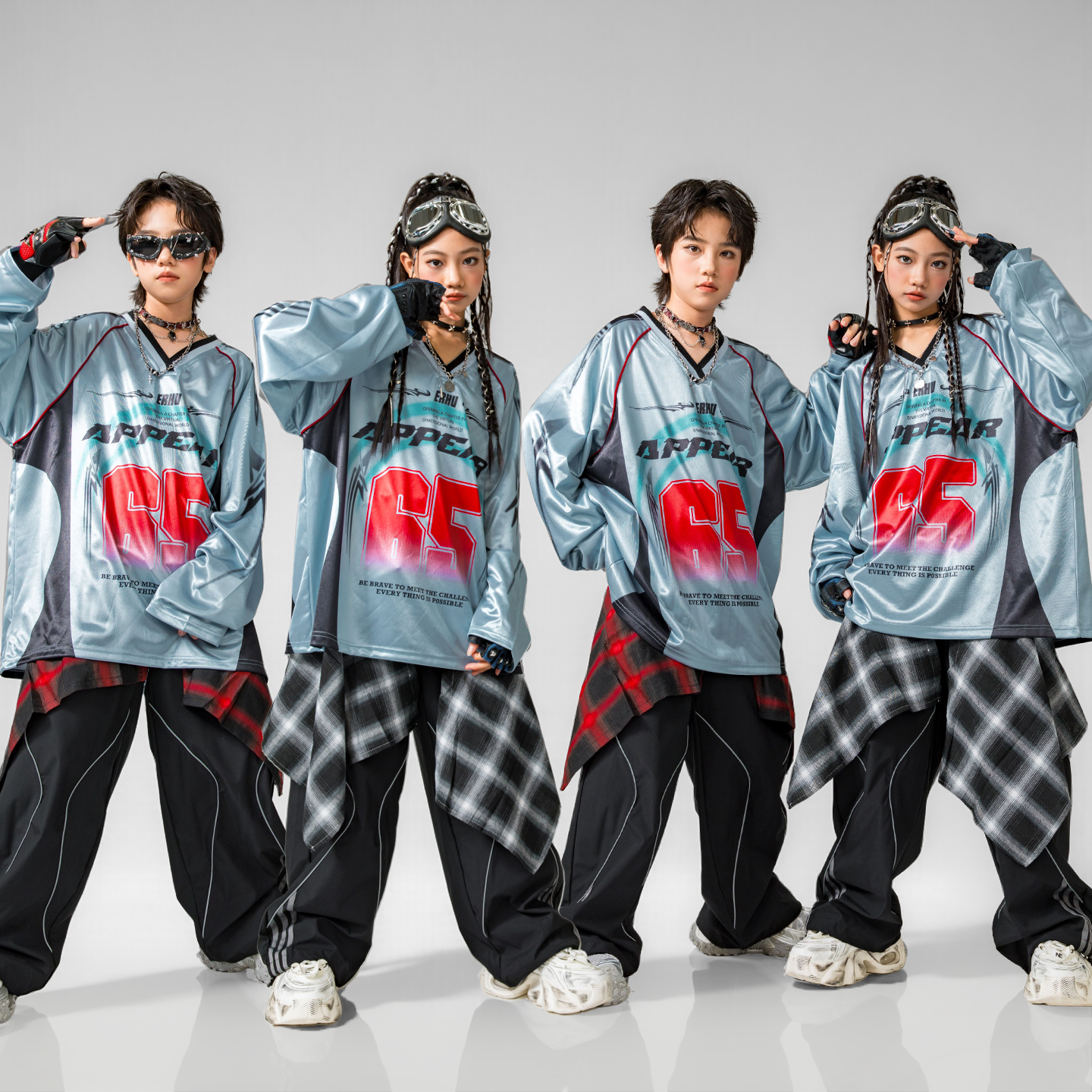 美式T银蓝色嘻哈风街舞表演服