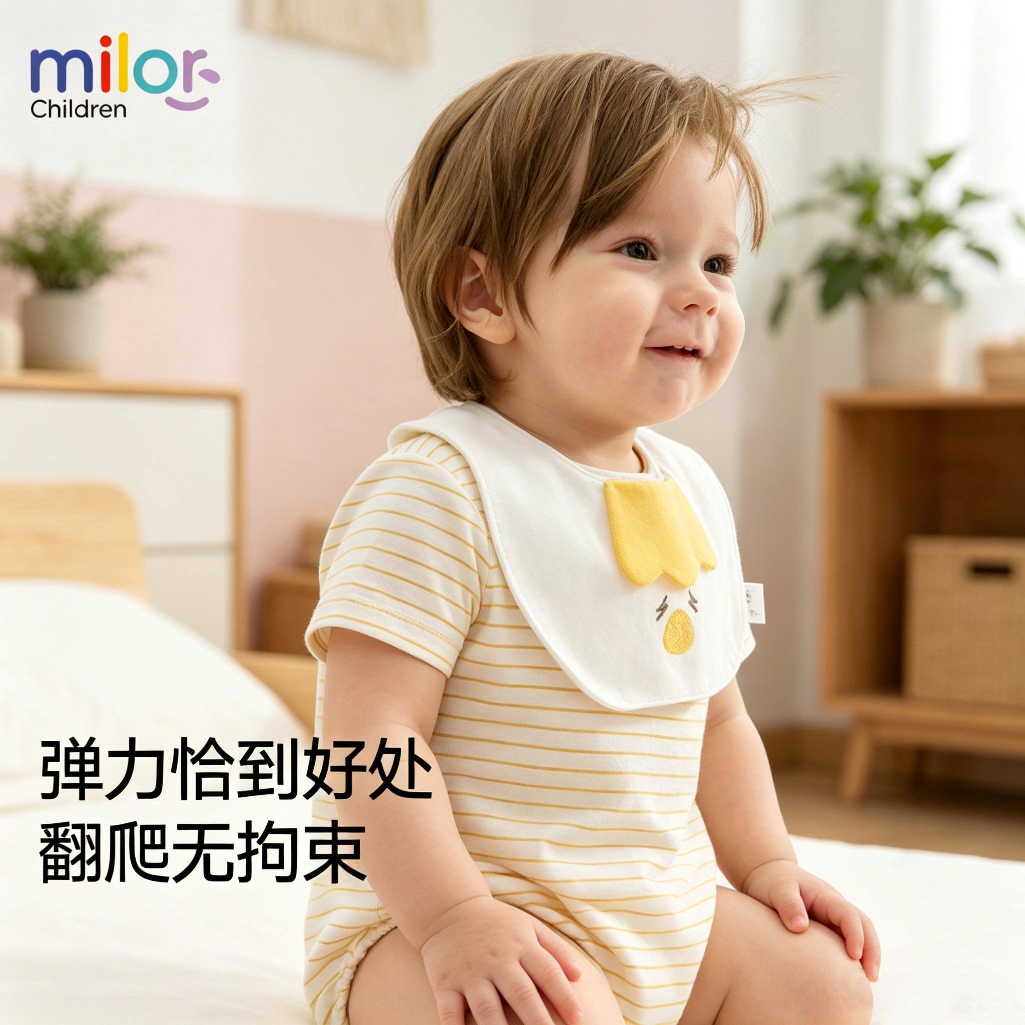 米乐熊婴儿包屁衣夏季云柔棉条纹短袖哈衣宝宝小鸡围嘴造型爬服