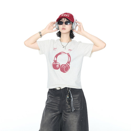 美式街头甜辣风短款耳机印花短袖T恤女2026夏季新款正肩修身上衣