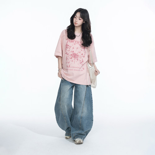 YEP2026春夏新款创意印花T恤女复古潮牌宽松设计感情侣款半袖上衣