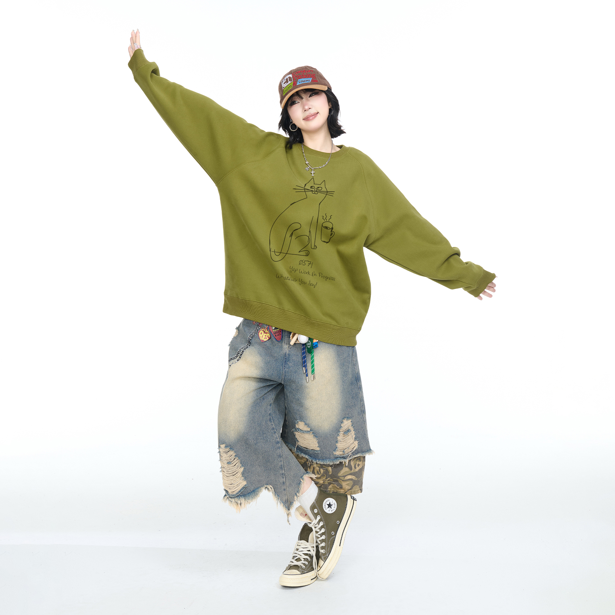 YEP美式复古猫咪印花圆领卫衣女宽松休闲ins街头风情侣款套头上衣