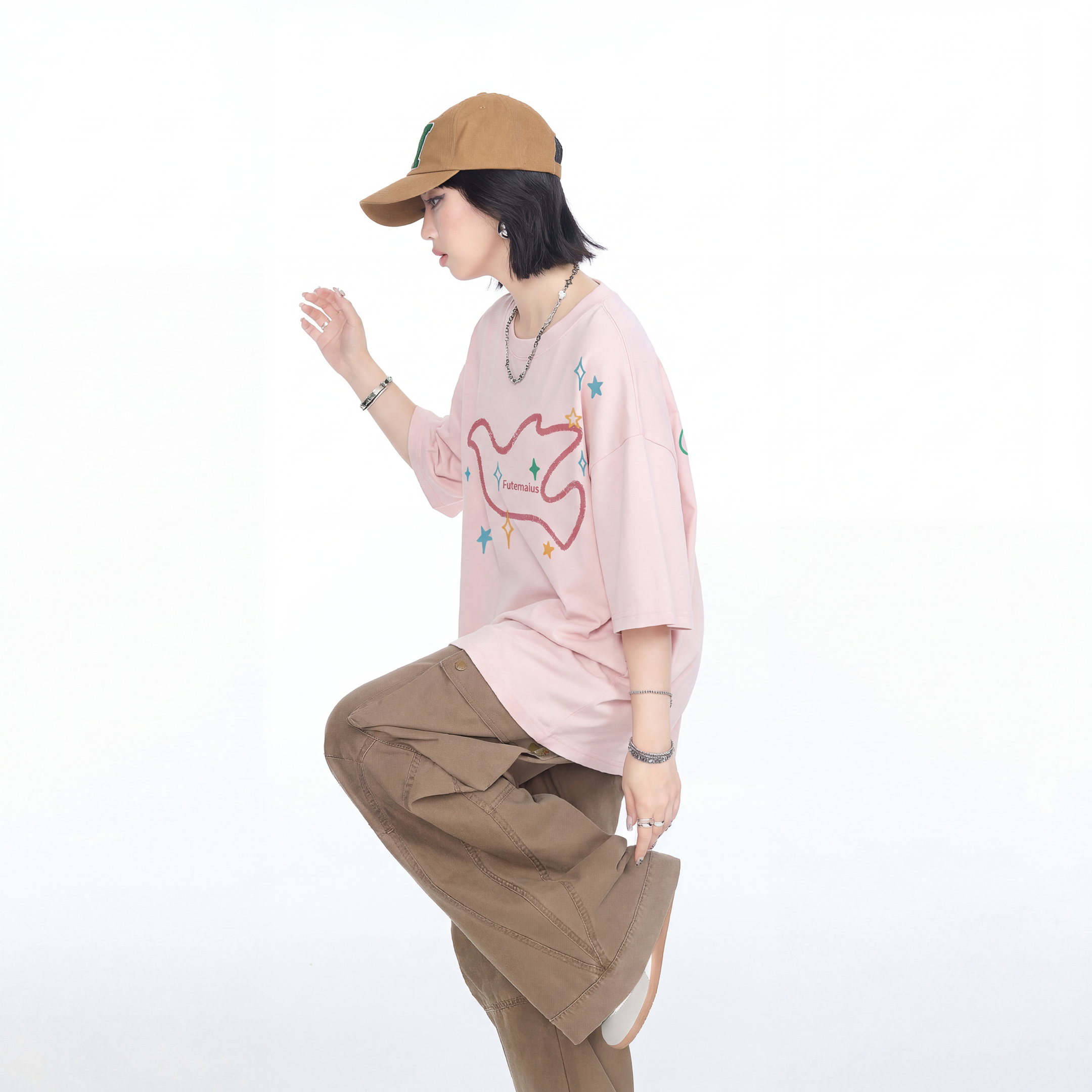 韩系设计感印花t恤女短袖夏季新款复古粉嫩半袖宽松复古百搭上衣