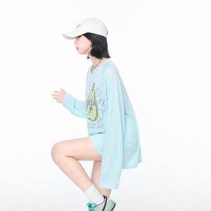 美式莱赛尔天丝印花长袖t恤女夏季新款凉感防晒罩衫宽松百搭上衣