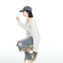 2025夏季新款V领轻薄微透防晒罩衫女宽松休闲百搭慵懒风长袖T恤潮