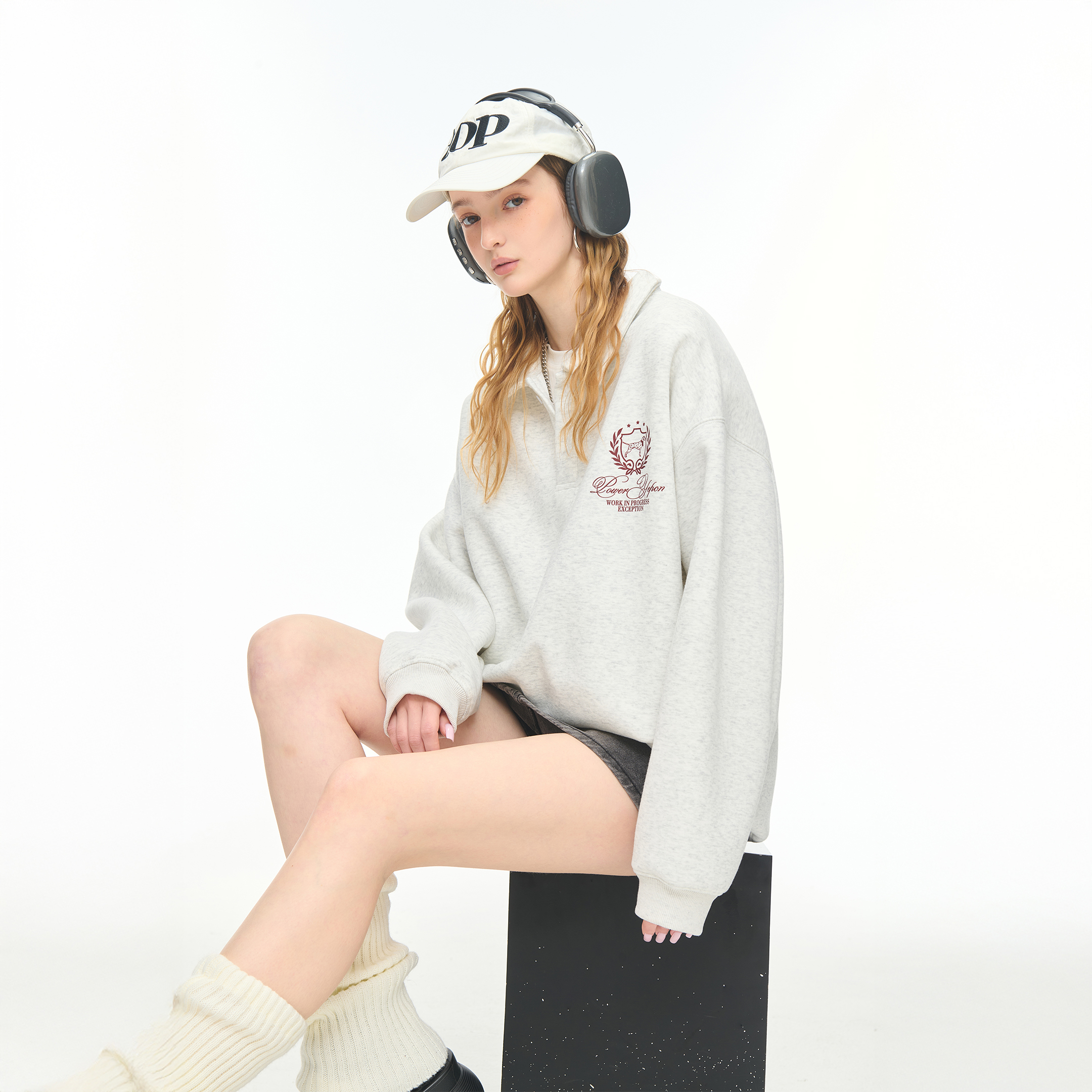 美式半开领印花卫衣女2025春秋新款宽松慵懒风情侣款休闲外套上衣