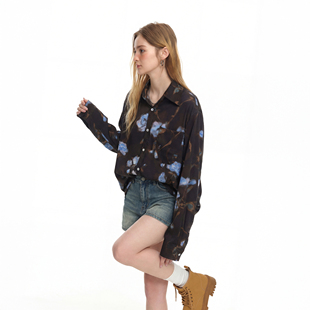 女春季 长袖 新款 衬衣宽松情侣装 上衣 港风薄款 复古街头痞帅印花衬衫