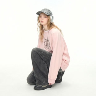 复古脏粉色卡通印花圆领卫衣女春秋季新款宽松插肩袖街头无帽上衣