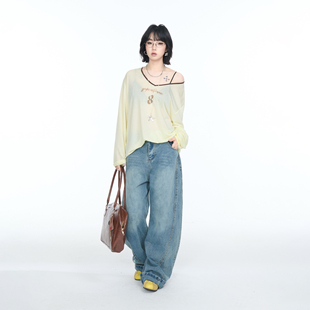 长袖 美式 新款 女2025夏季 T恤上衣 复古设计感微透V领印花防晒罩衫