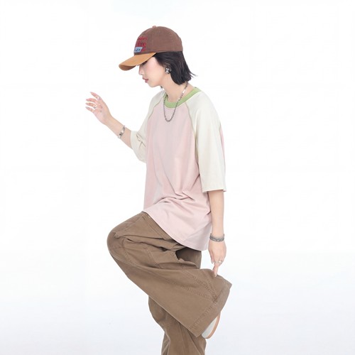 美式插肩袖t恤女短袖夏季新款拼接哈苏线半袖宽松复古运动风上衣