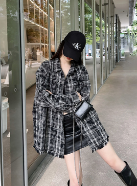 复古黑色扎染格子衬衫女春秋2025新款潮牌长袖上衣宽松情侣装衬衣