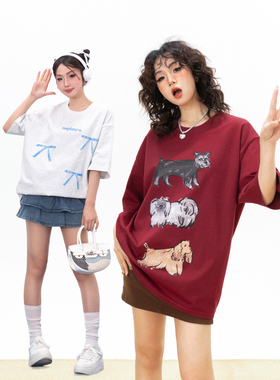 【清仓99/3件】美式复古宽松短袖T恤春秋百搭网红印花上衣男女潮