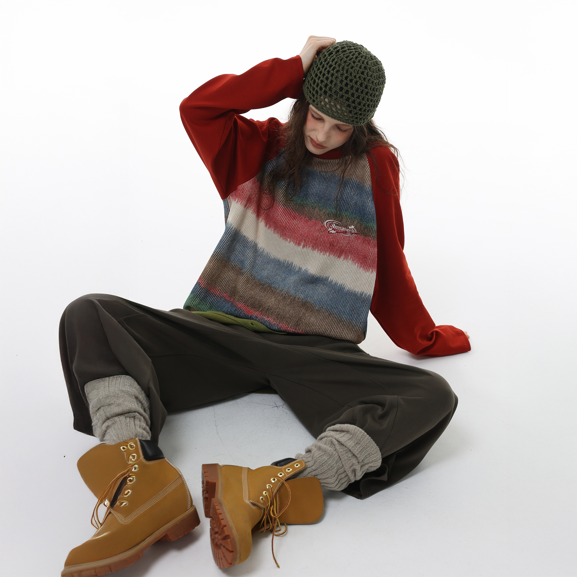 美式复古渐变拼色圆领套头卫衣女秋季新款宽松慵懒风情侣打底衫