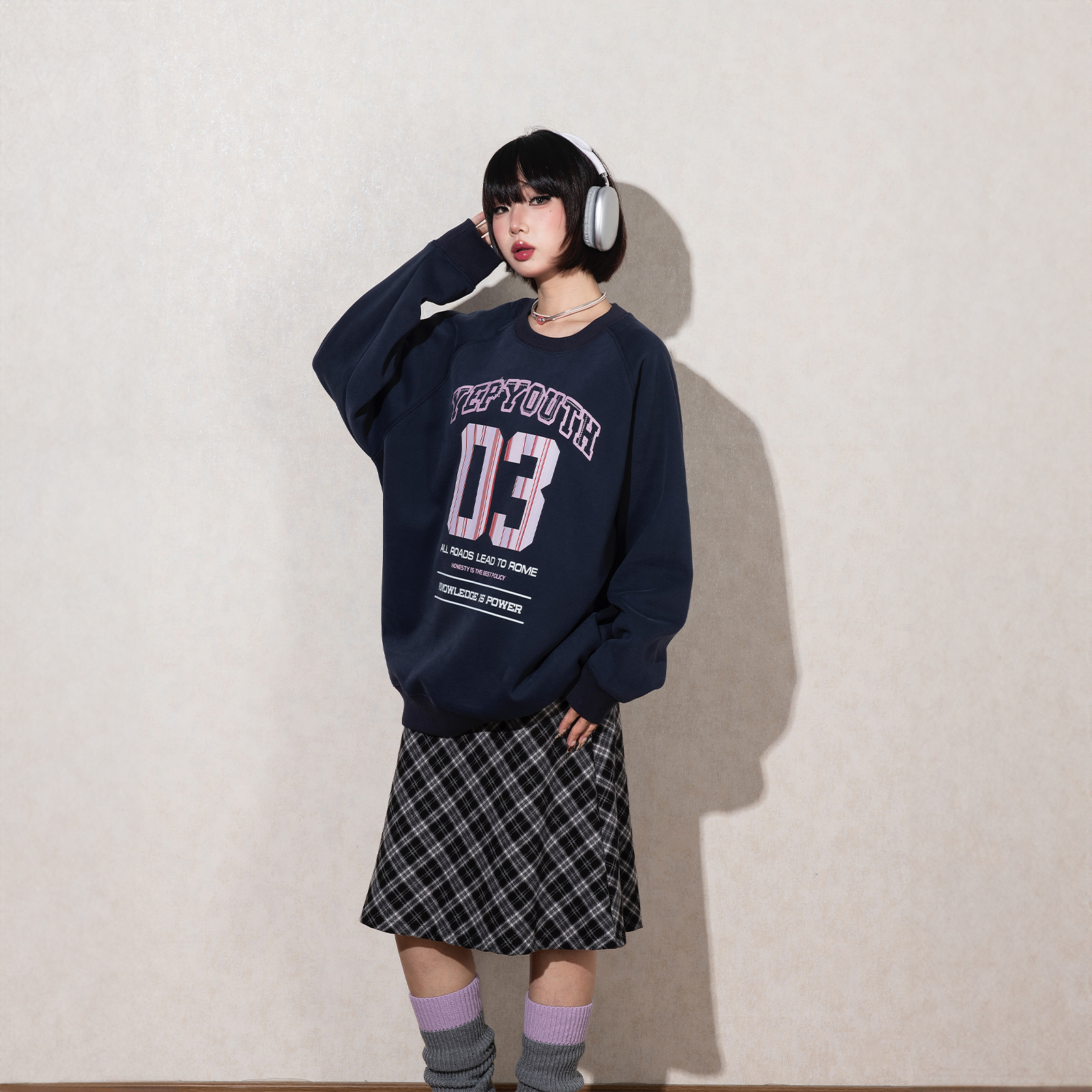 YEP美式复古印花圆领卫衣女春秋2025新款插肩袖潮牌宽松无帽上衣