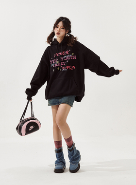 YEP黑色vintage连帽卫衣女春秋2025年新款复古潮牌情侣装宽松外套