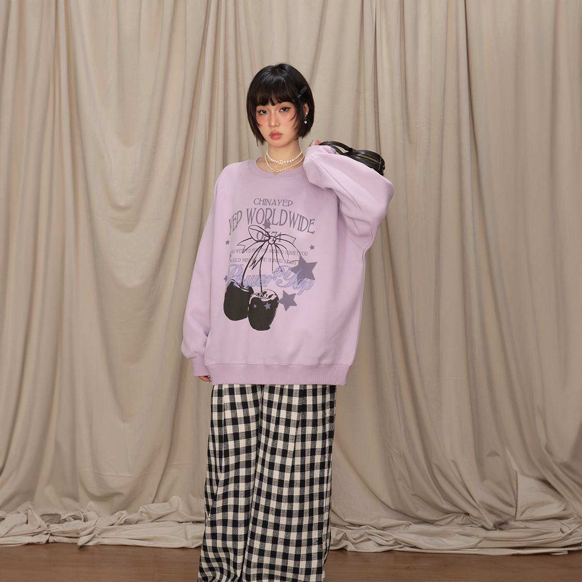 YEP复古奶fufu圆领卫衣女早秋新款潮牌套头宽松oversize无帽上衣