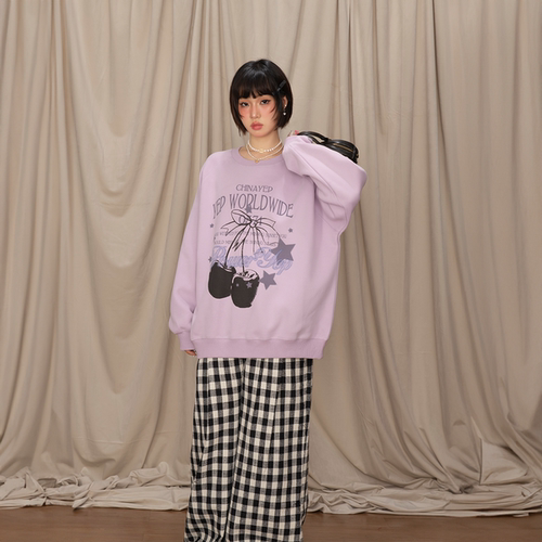 YEP复古奶fufu圆领卫衣女早秋新款潮牌套头宽松oversize无帽上衣