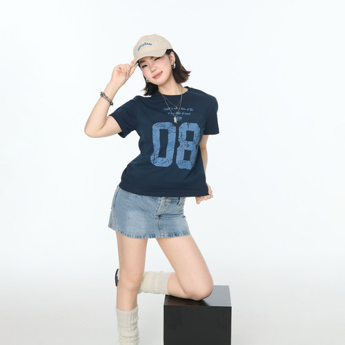 2026夏季新款潮牌短袖正肩T恤女圆领ins街头潮酷风修身半袖上衣