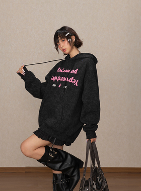 YEP复古黑色发泡印花连帽卫衣女早秋新款美式套头帽衫宽松外套潮
