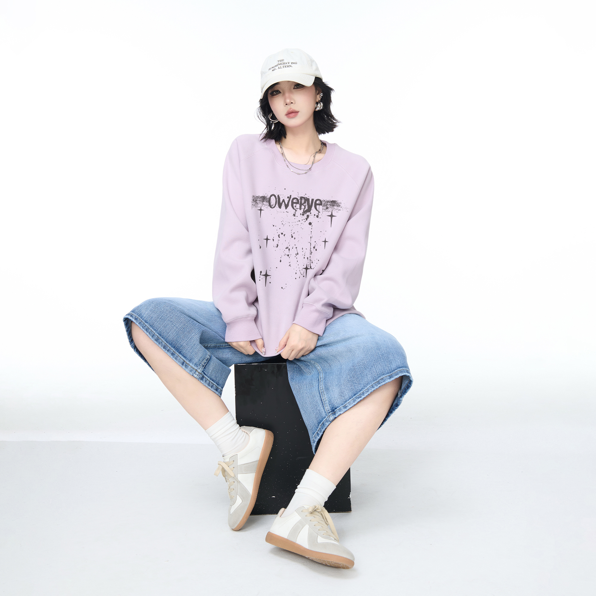 YEP春秋新款浅紫色卡通印花圆领卫衣女宽松外套美式街头套头上衣