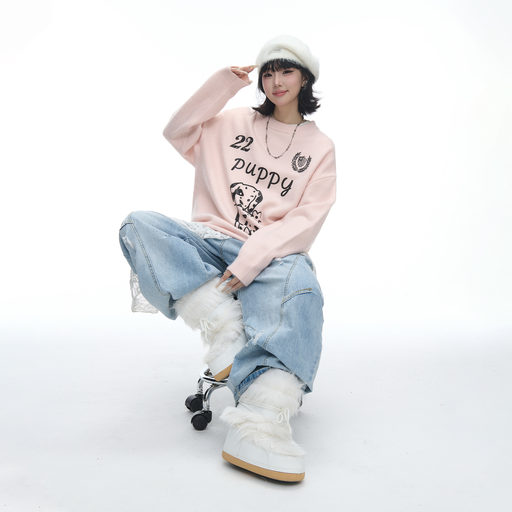 美式复古卡通斑点狗印花圆领毛衣女秋冬新款宽松情侣款套头针织衫