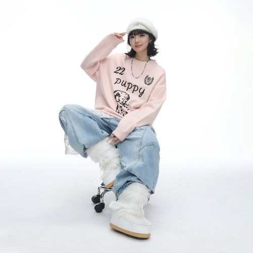 美式复古卡通斑点狗印花圆领毛衣女春秋新款宽松情侣款套头针织衫