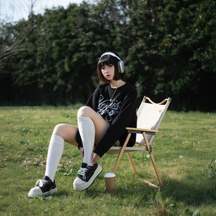 YEP黑色印花卫衣女春秋2025新款 加厚打底无帽上衣加绒 宽松插肩袖