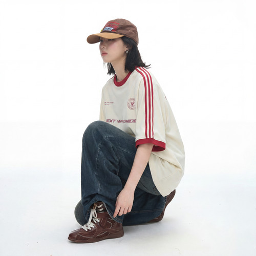 美式复古撞色三条杠字母印花短袖T恤女夏季宽松显瘦百搭半袖上衣