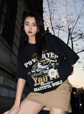 YEP复古黑色短袖t恤女2025新款夏季宽松街头美式印花半袖打底衫潮