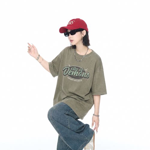 美式重磅水洗t恤女短袖夏季新款复古印花半袖宽松街头情侣装上衣