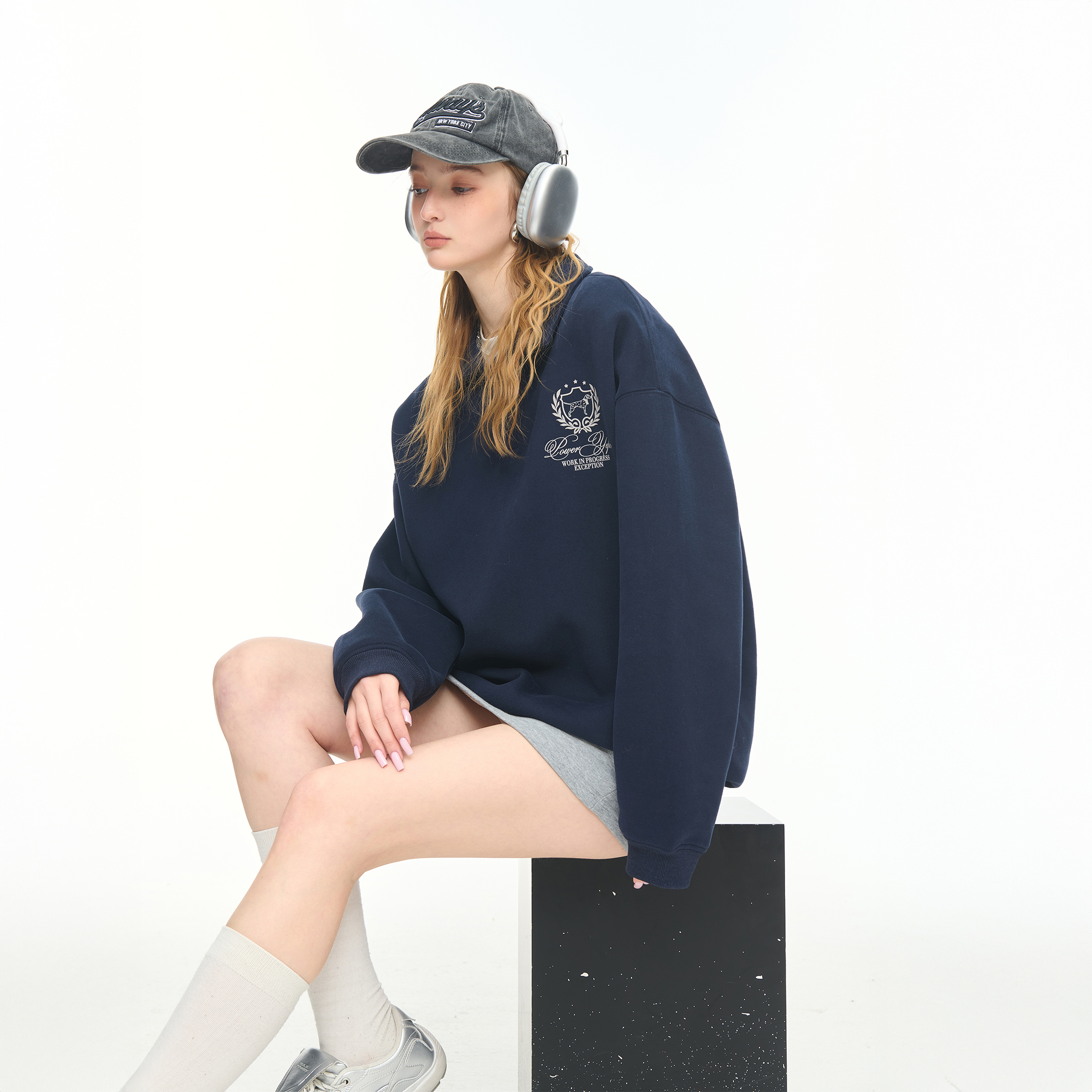 美式半开领印花卫衣女2025春秋新款宽松慵懒风情侣款休闲外套上衣