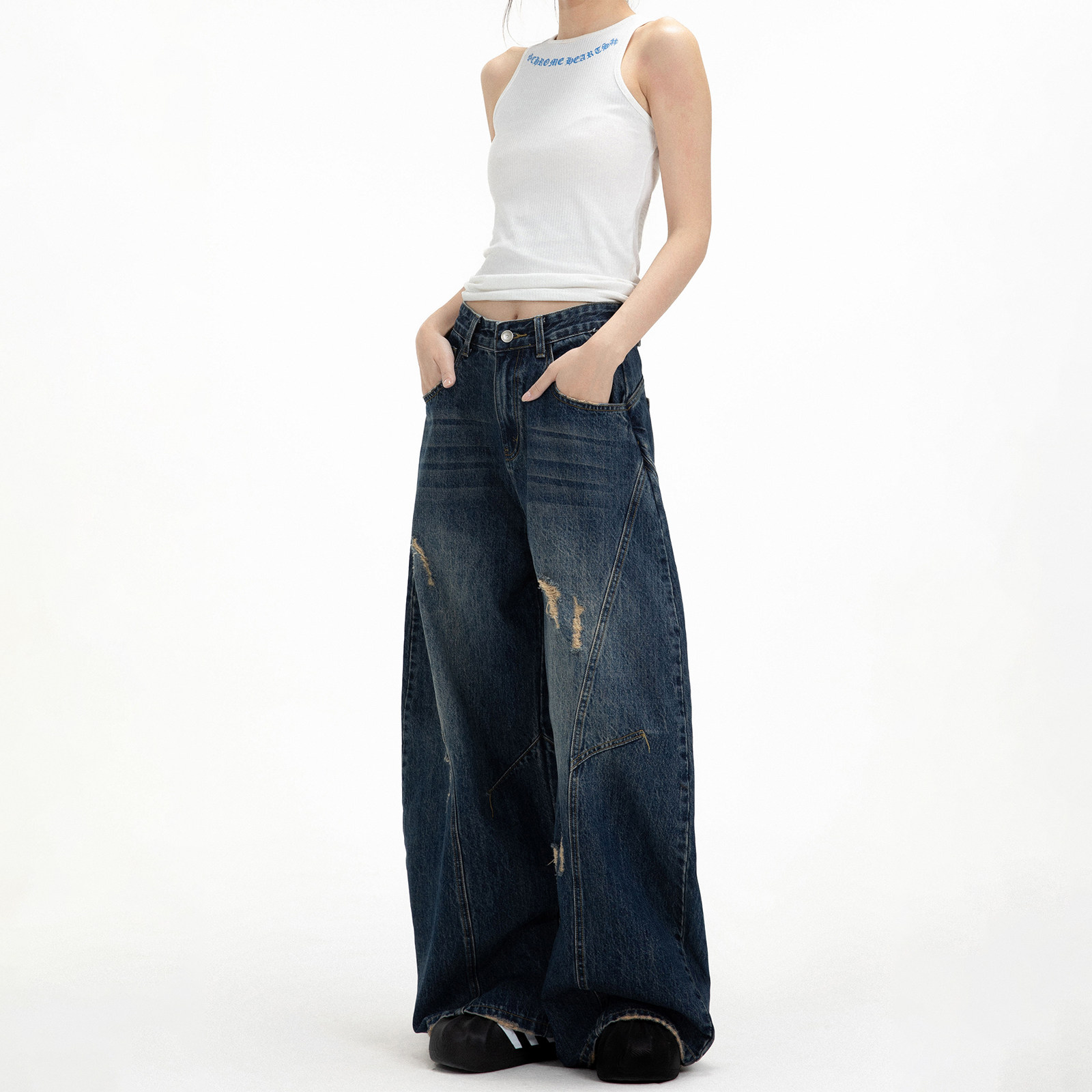 美式复古水洗破洞高腰弯刀阔腿牛仔裤女2025夏季新款宽松休闲长裤,女装/女士精品,牛仔裤,淘宝优惠券,粉丝福利购,淘宝优惠卷
