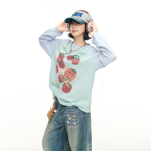 宽松情侣款 T恤女春秋新款 上衣 复古创意番茄字母印花撞色长袖 美式