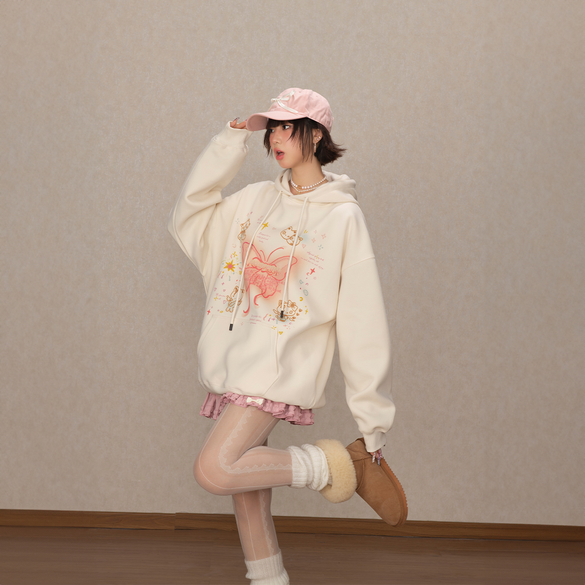 YEP蝴蝶印花连帽卫衣女春秋2025新款美式复古帽衫情侣装外套加绒